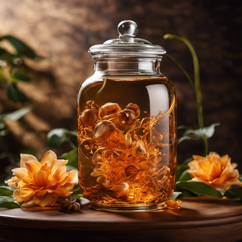 An image of a glass jar filled with deep amber liquid, bubbling with effervescence