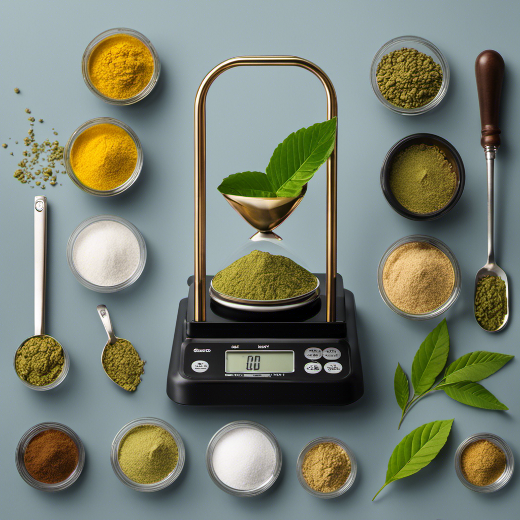 An image depicting a digital weighing scale with a small pile of Kratom powder on one side, and an assortment of teaspoons on the other, showcasing the varying quantities required to measure a gram