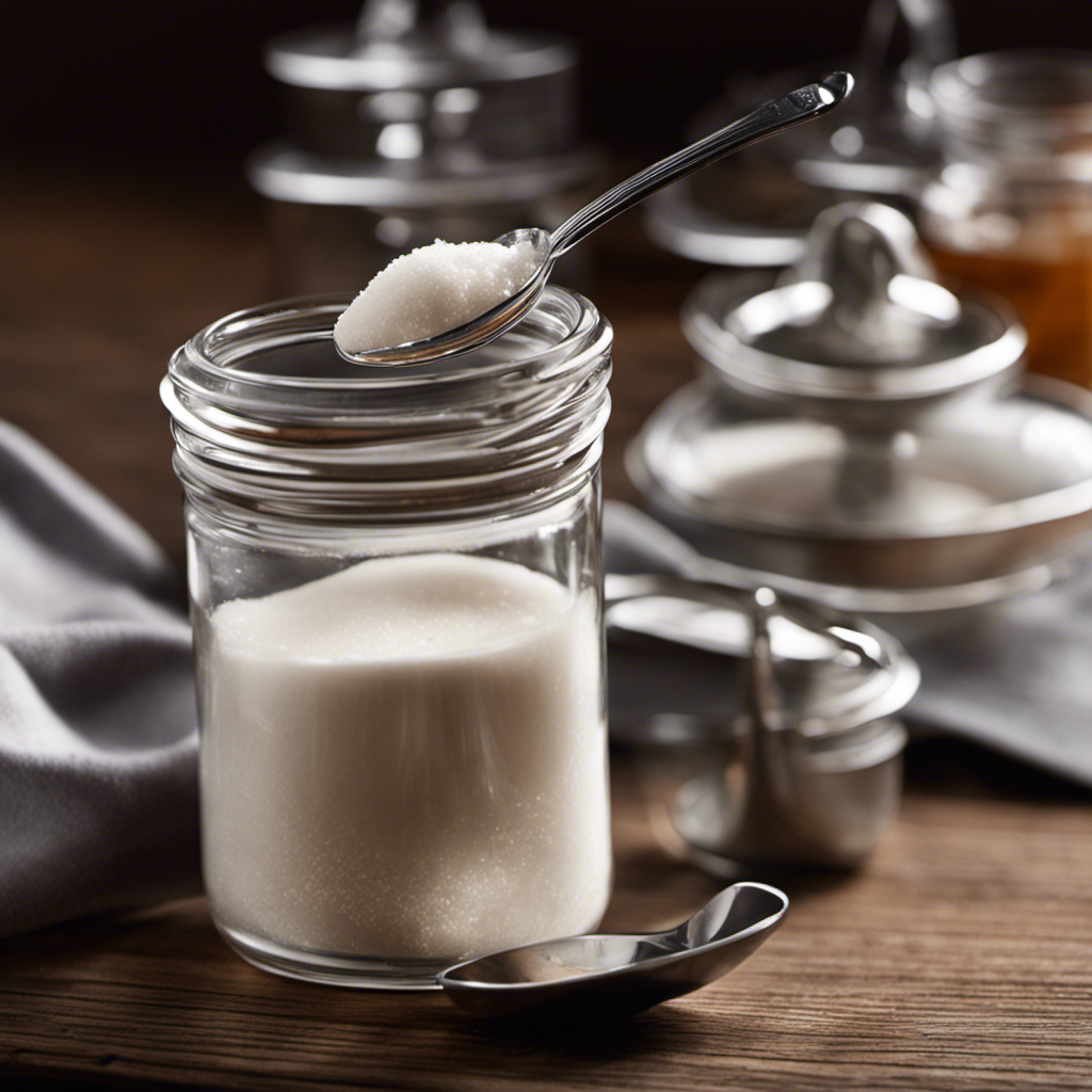 An image showcasing a measuring spoon filled with 1 ounce of sugar, gently pouring it into a transparent container filled with teaspoons