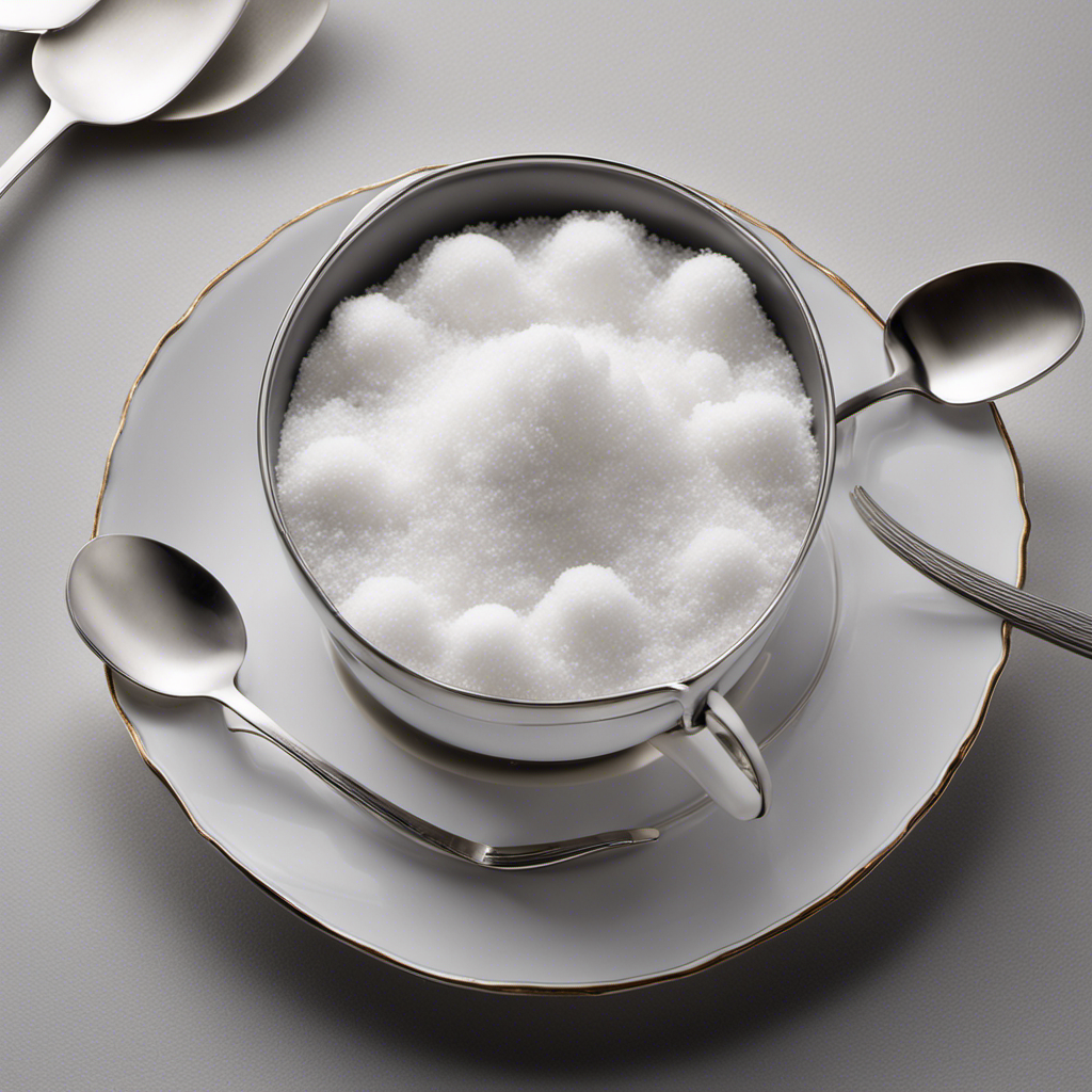 An image displaying a 1/4 cup filled with an exact measure of fine white sugar, alongside four delicate stainless steel teaspoons neatly arranged next to it, illustrating the precise conversion of teaspoons to 1/4 cup