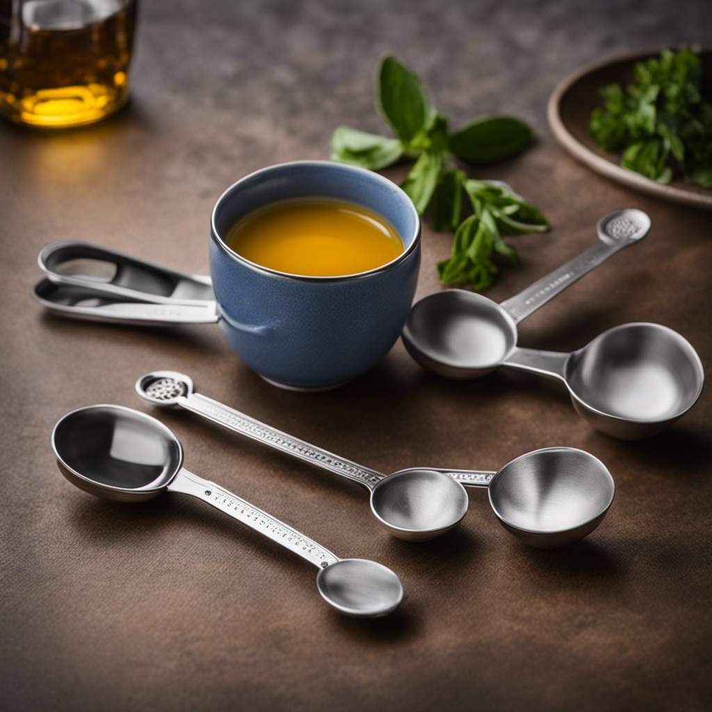 An image showcasing a set of measuring spoons, with a cup placed next to them