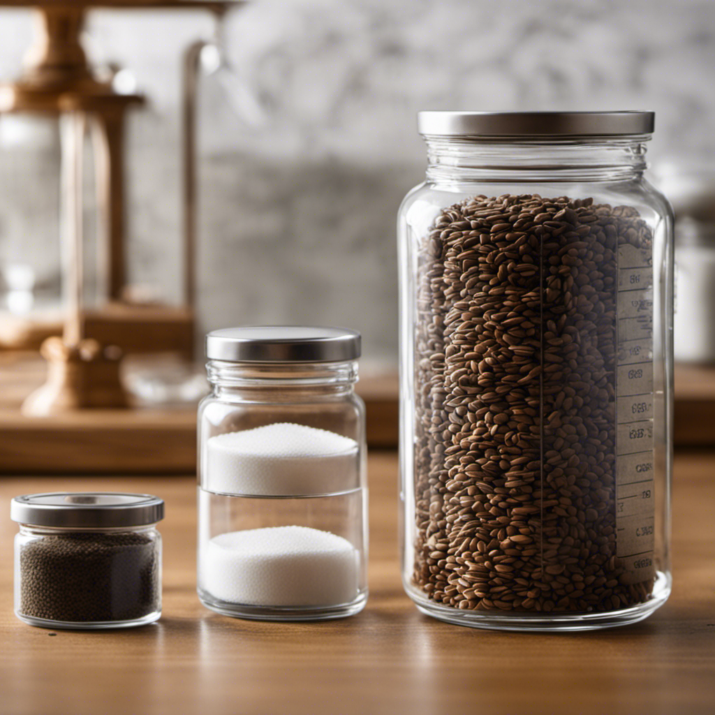 An image showcasing a clear glass jar filled with precisely measured teaspoons and a gram scale beside it, emphasizing the comparison between the two measurements