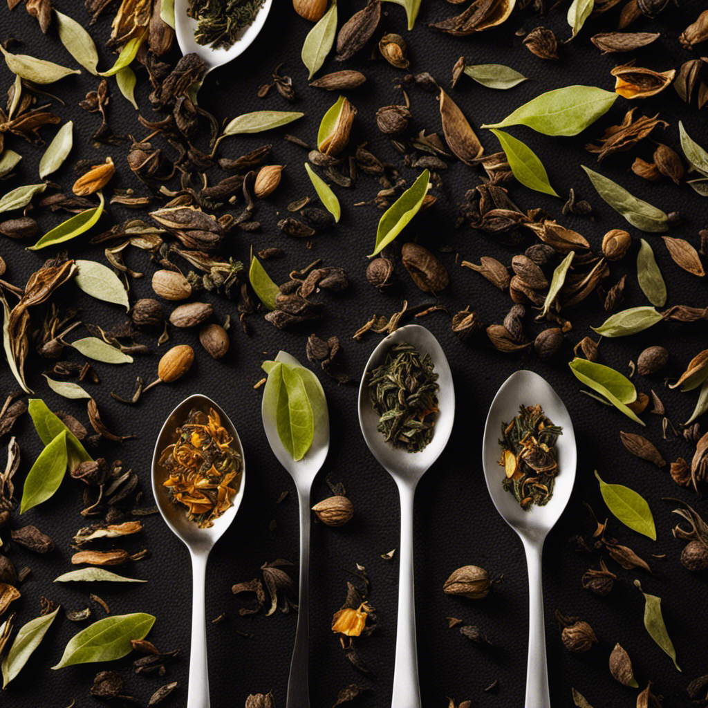 An image depicting a collection of 3 identical tablespoons filled with various amounts of loose tea leaves