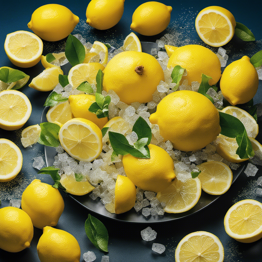 An image showcasing a cluster of vibrant lemons, each cut in half, with a cascade of delicate sugar crystals pouring out of them, forming a pool underneath, representing the hidden teaspoons of sugar in Country Time Lemonade