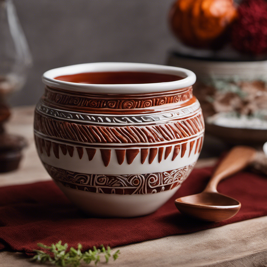 An image showcasing a small, elegant porcelain teaspoon delicately scooping up a generous amount of Aztec Clay from a glass jar, capturing its vibrant earthy texture and rich reddish hue