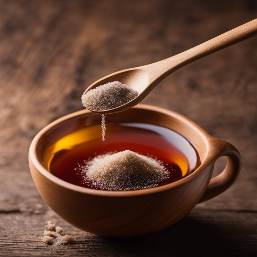 An image showcasing a wooden spoon filled with sugar, gradually pouring it into a cup of tea
