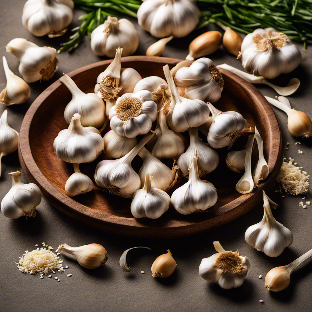 An image showcasing a set of 7 whole cloves of garlic, with a set of measuring spoons next to them, filled with granulated garlic, capturing the visual comparison between the cloves and the teaspoons