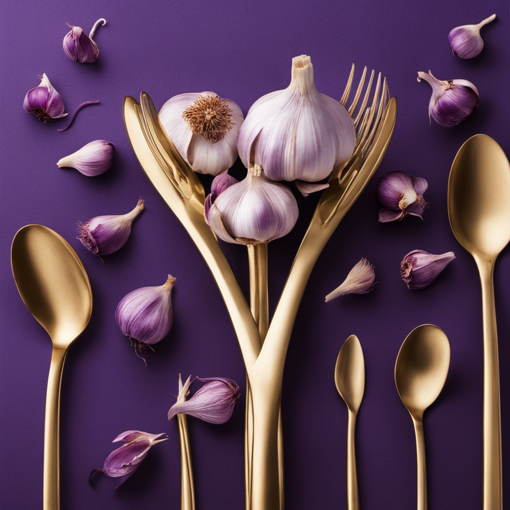 An image showcasing a close-up of a vibrant purple clove of garlic beside a collection of dainty, gleaming teaspoons