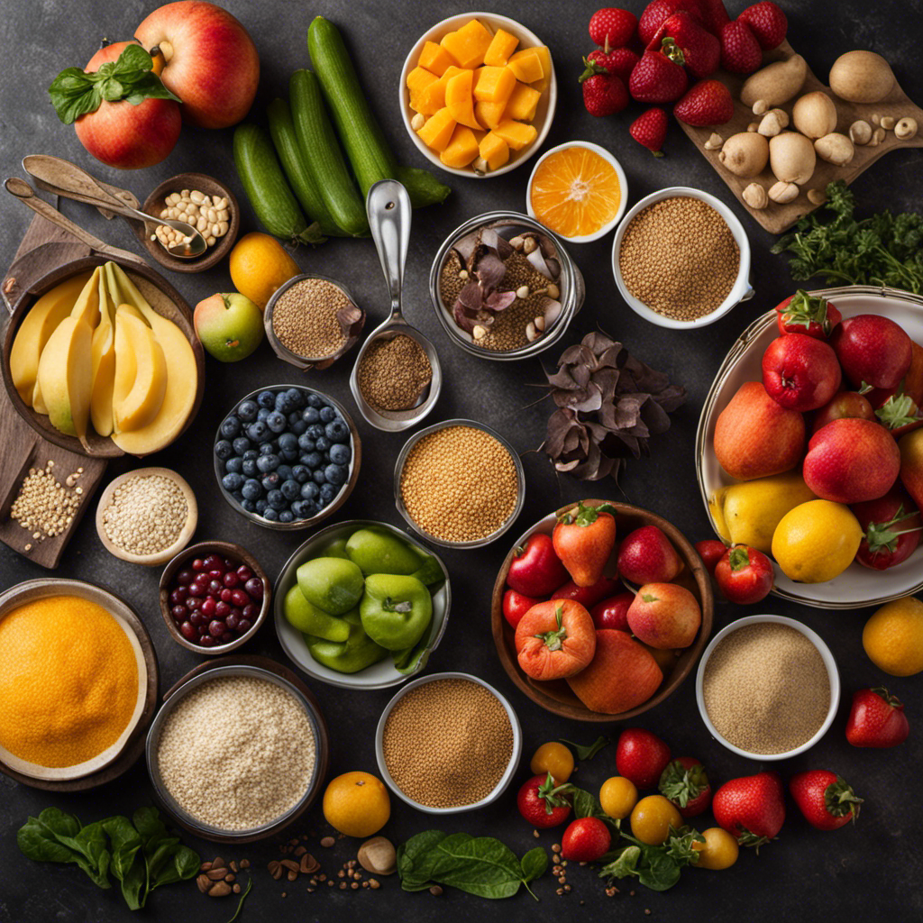 An image showcasing a vibrant kitchen counter with a variety of rat-friendly foods, such as fruits, vegetables, and grains, along with an assortment of measuring spoons, highlighting the importance of precise teaspoon measurements for rat nutrition