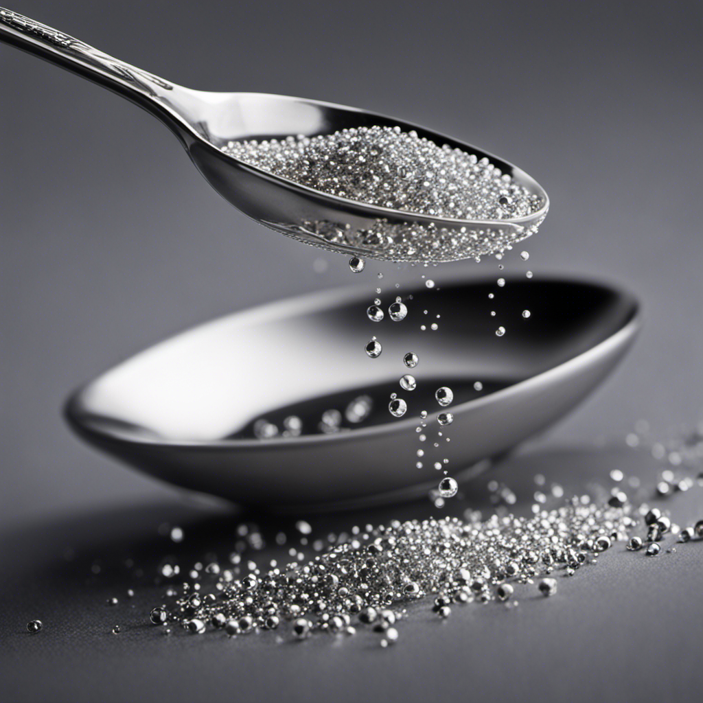 An image showcasing a gleaming silver teaspoon delicately pouring out fine granules of sugar, capturing the precise measurement of