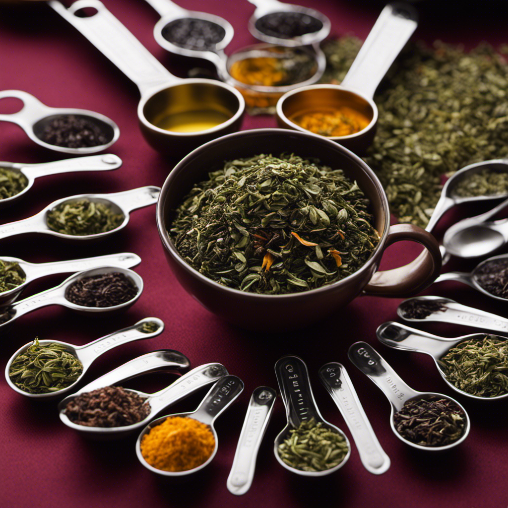 An image showcasing an assortment of measuring spoons, each filled with varying amounts of tea leaves, alongside a single empty teacup