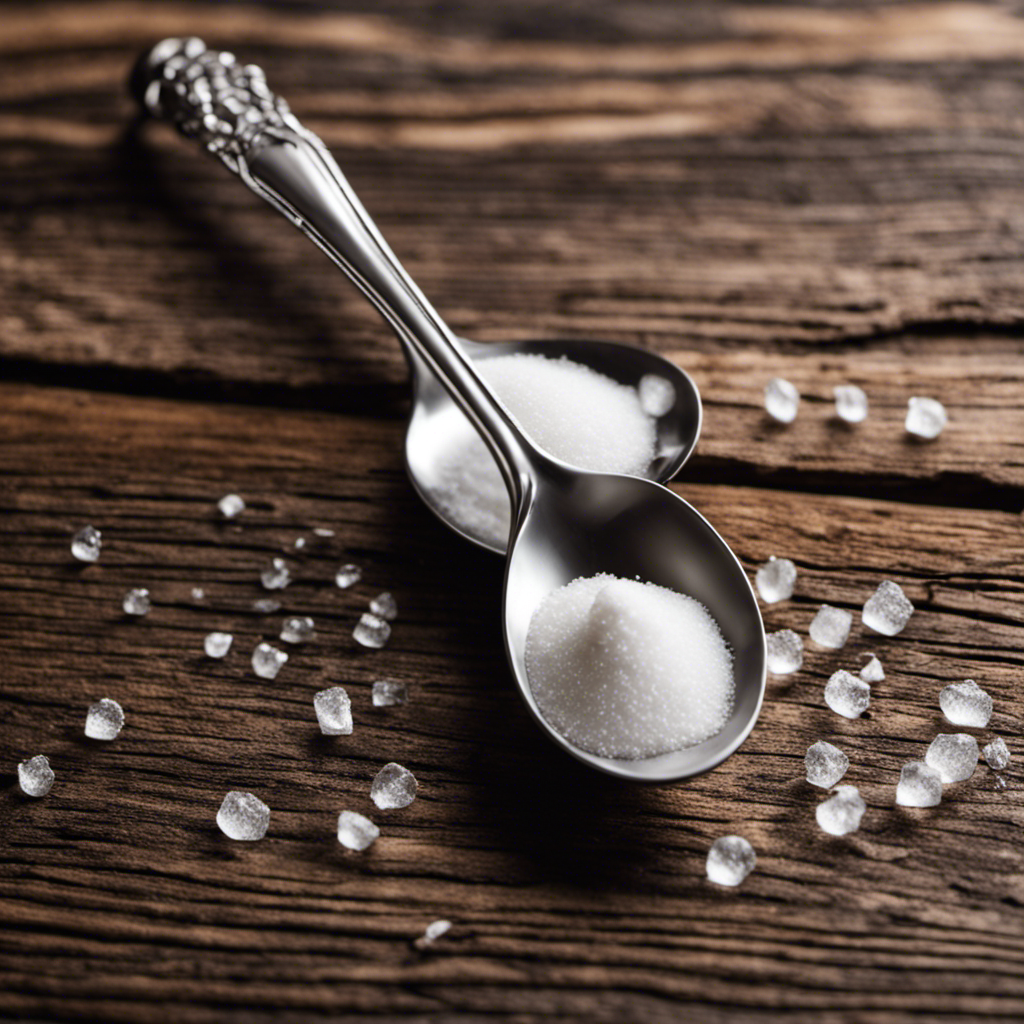 An image showcasing a silver tablespoon filled with precisely three teaspoons of sugar, resting on a rustic wooden surface