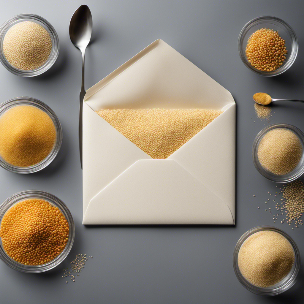 An image showcasing a close-up of a standard-sized envelope filled with tiny, granular yeast particles, while a teaspoon delicately hovers above, illustrating the question of how many teaspoons are contained within the envelope