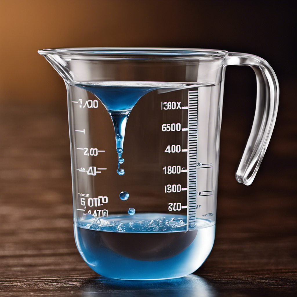 An image showcasing a clear, graduated measuring cup filled with 5 milliliters of water, while a teaspoon hovers above it, pouring liquid into the cup, illustrating the conversion between teaspoons and milliliters