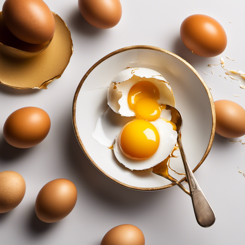 An image showing a cracked eggshell with a vibrant golden yolk spilling out onto a pristine white surface, while a teaspoon delicately scoops up the yolk, demonstrating the exact measurement