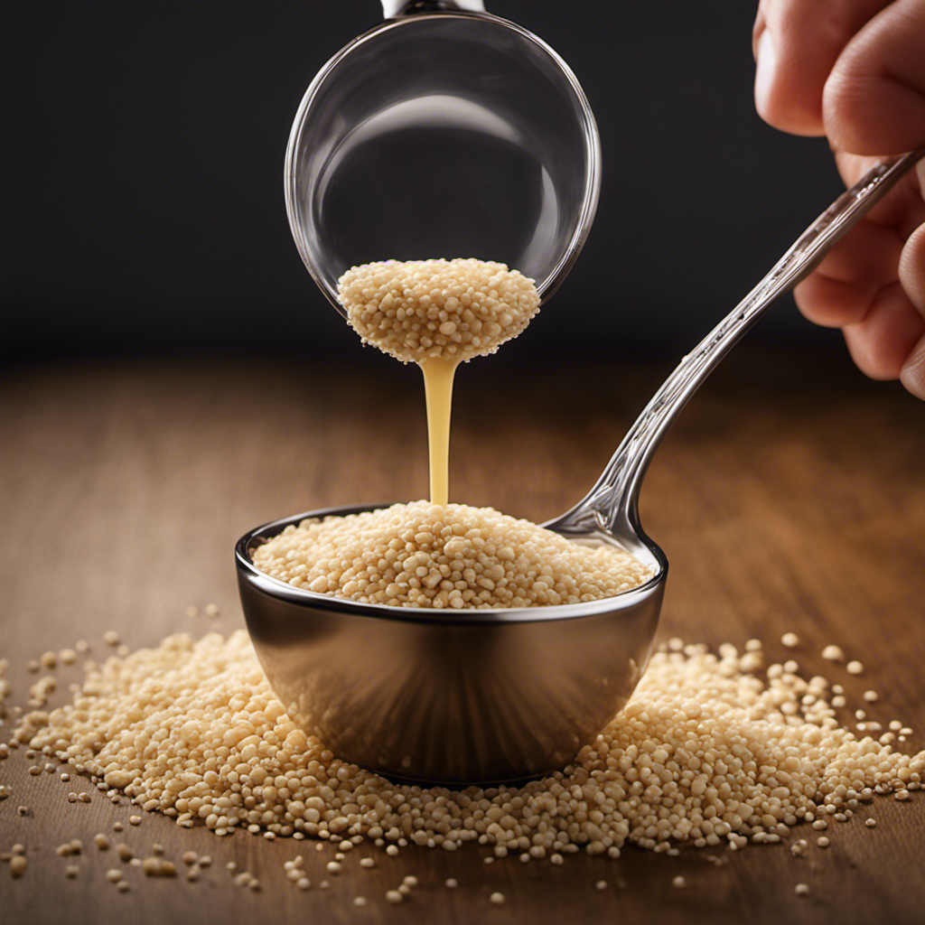 An image showing a small, transparent measuring spoon filled with yeast granules, delicately pouring them into a larger spoon