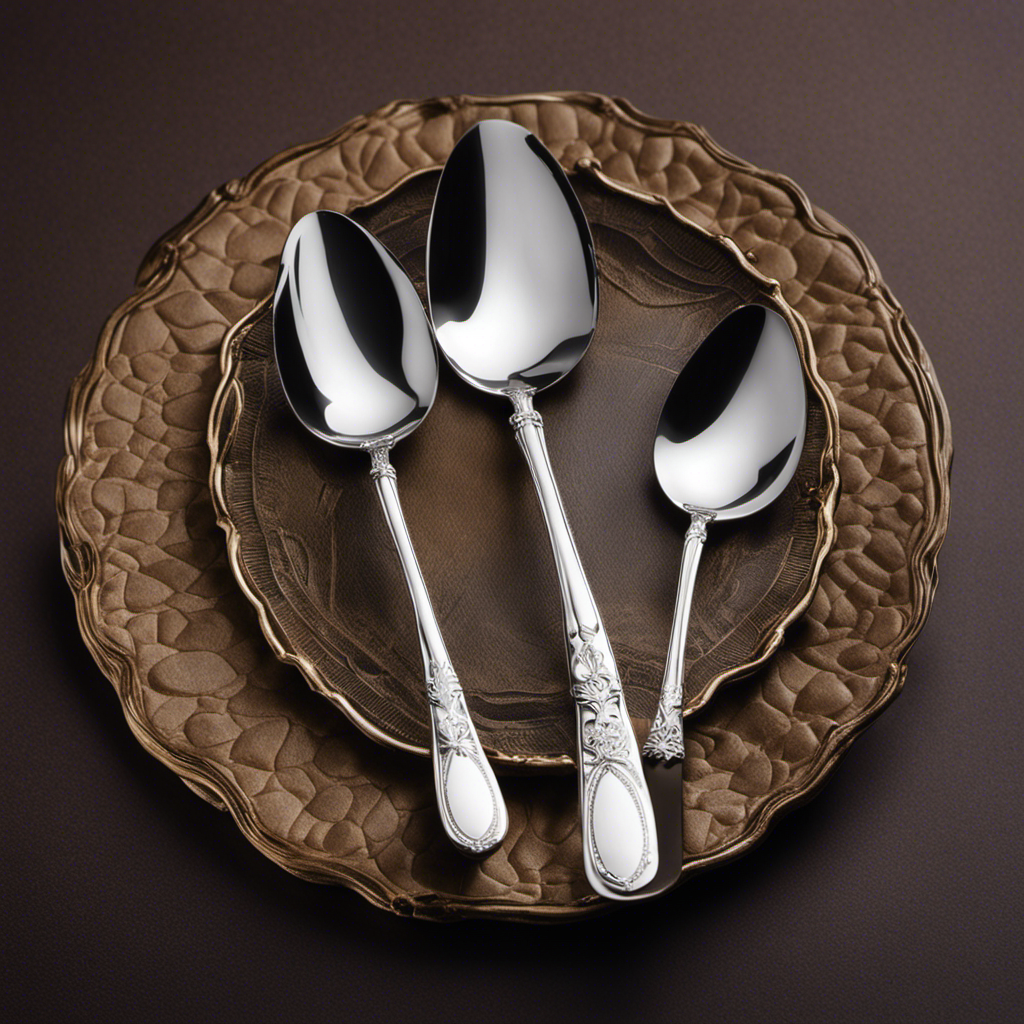 An image showcasing a table setting with two identical spoons: one tablespoon and multiple teaspoons