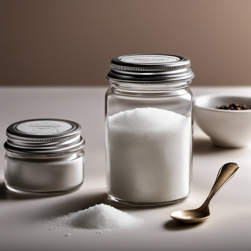 An image showcasing a clear glass jar filled with precisely measured 13 grams of sugar, while beside it, a small pile of delicate, gleaming teaspoons forms a visual representation of the sugar's equivalent quantity