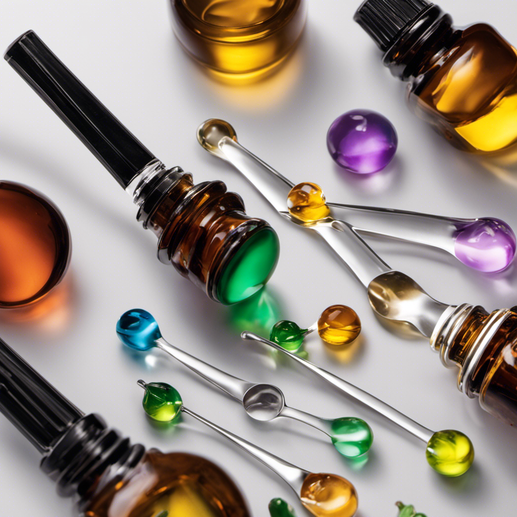 An image showcasing a glass dropper releasing 20 individual drops of vibrant essential oil into a measuring spoon, visually illustrating the conversion from drops to teaspoons with precision and clarity