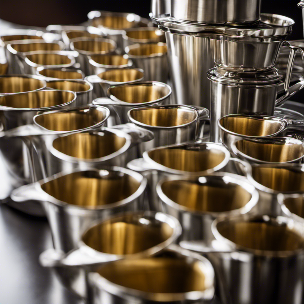 An image showcasing a measuring cup filled with 25 ounces of liquid, pouring its contents into a neat row of teaspoons