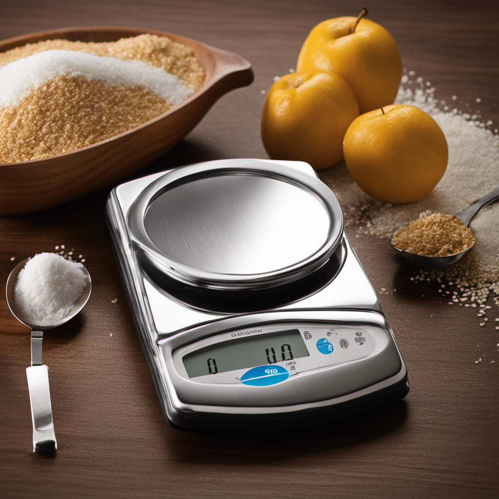 An image showcasing a precise measurement: a digital scale displaying exactly 4 grams of sugar, alongside a set of four identical measuring spoons, each filled with 1 gram of sugar