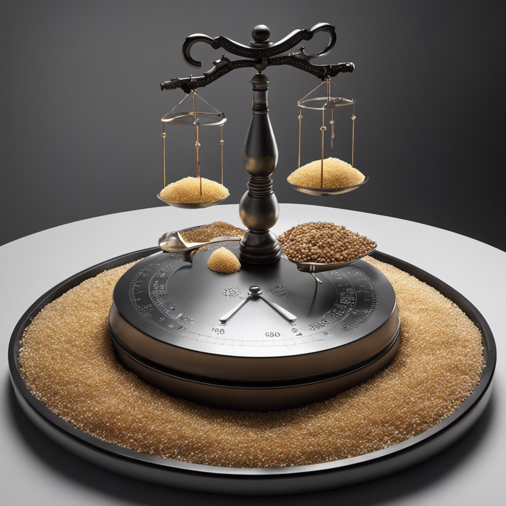 An image that showcases a sturdy, industrial weighing scale with a heap of 44 kg of sugar on one side, while the other side is filled with an intricate arrangement of delicate, shimmering teaspoons – inviting the viewer to ponder the correlation between weight and quantity