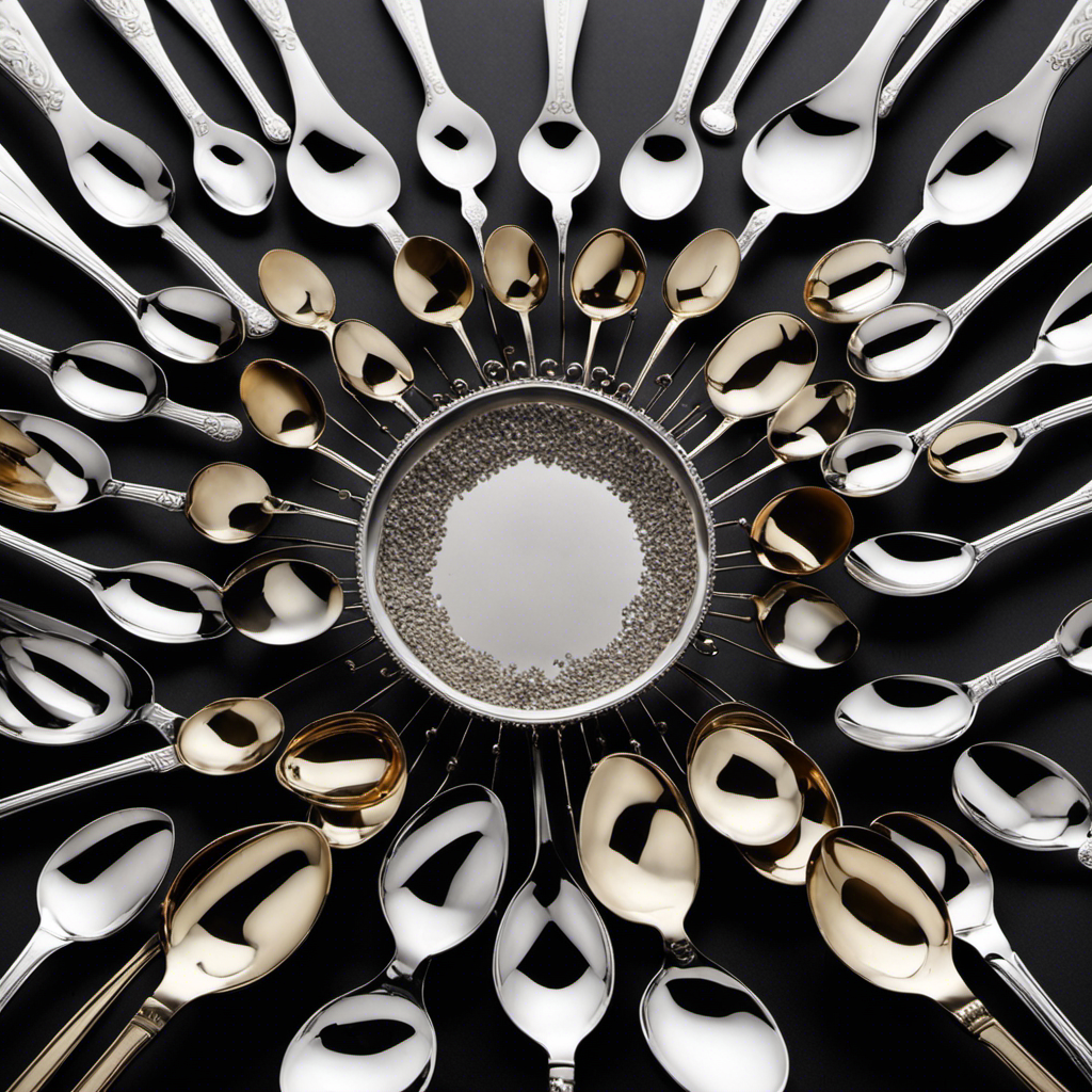 An image showcasing an array of delicate teaspoons, elegantly arranged in a circular pattern, gradually converging towards a single cup