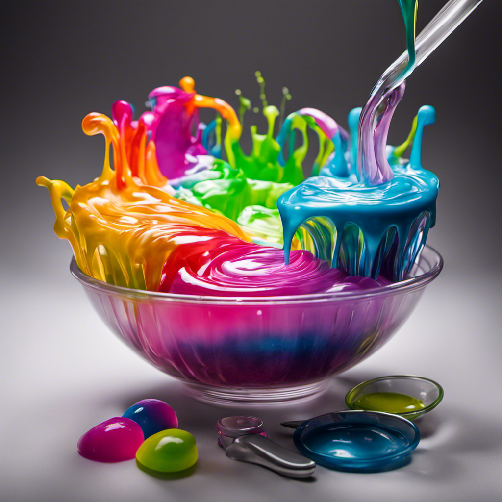 An image showcasing a colorful mixing bowl filled with translucent slime, accompanied by a precise measurement of baking soda being poured in using a set of silver teaspoons