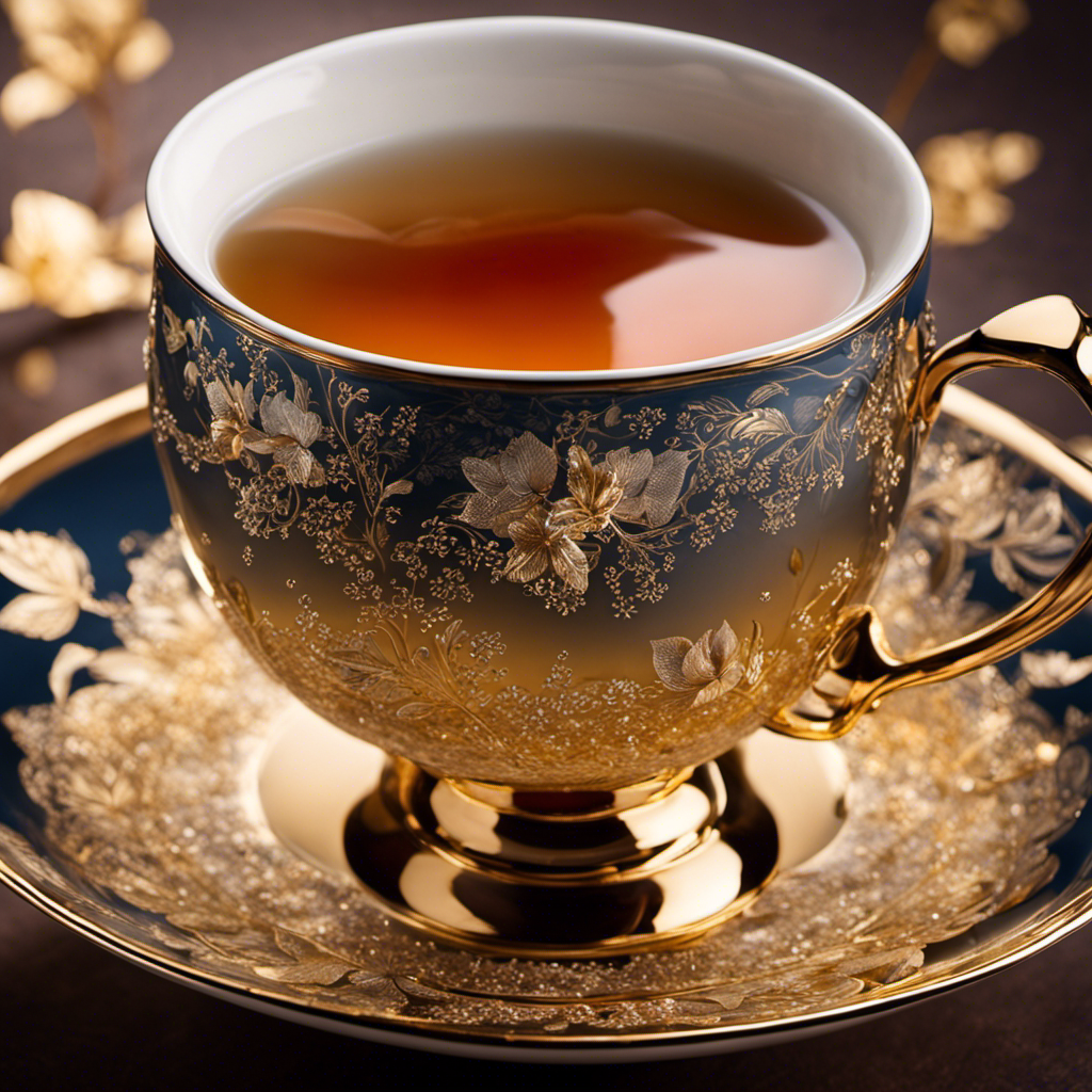 An image of a delicate porcelain tea cup filled to the brim with steaming tea, while a graceful hand gently adds tiny, shimmering teaspoons of boron into the brew, creating a mesmerizing chemical reaction