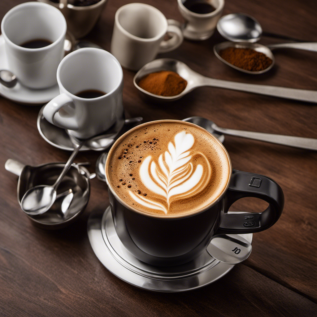 An image showcasing a coffee mug filled with precisely measured teaspoons of coffee, surrounded by a scale and measuring spoons, illustrating the perfect ratio of coffee to water for the ultimate cup of joe