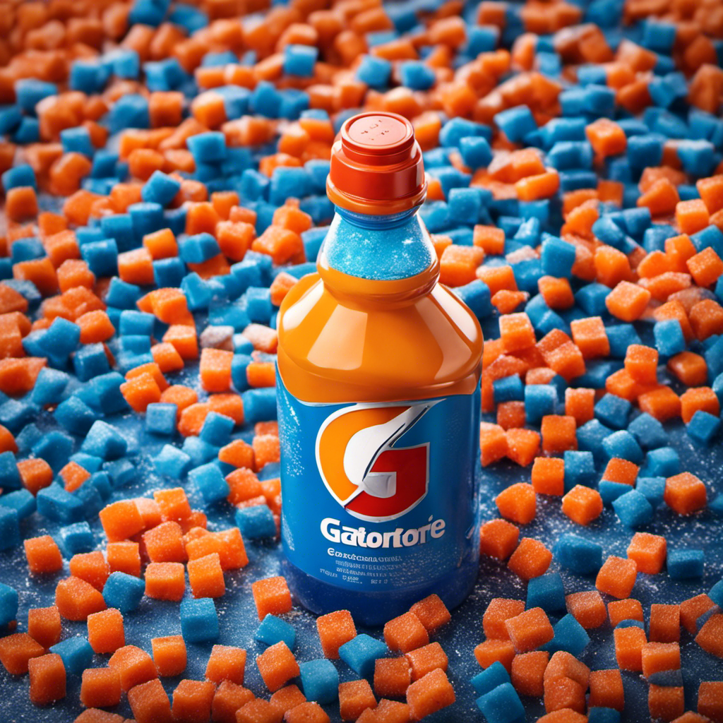 An image showcasing a 32 fl oz bottle of Gatorade, filled with vibrant blue liquid, alongside a pile of sugar cubes, each representing a teaspoon of sugar