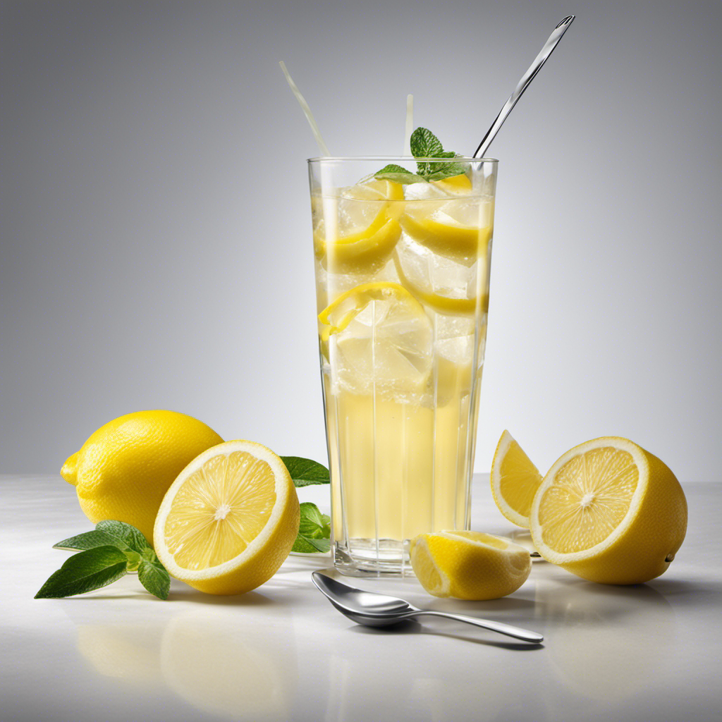 An image showcasing a clear glass filled with 590 ml of Minute Maid Lemonade, alongside a pile of neatly stacked teaspoons of sugar, visually illustrating the precise amount of sugar contained in the drink