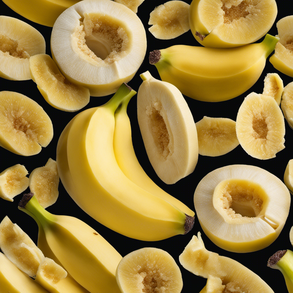 An image showcasing a peeled banana, sliced into cross-sections, revealing its succulent yellow flesh dotted with granules of sugar