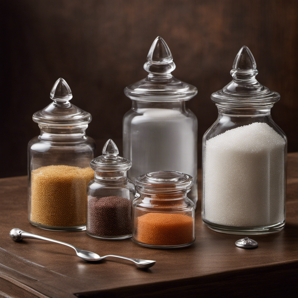 An image showcasing a transparent glass jar filled with precisely measured granulated sugar, weighing exactly one gram, beside a collection of miniature teaspoons, highlighting the accurate quantity of sugar in each spoon