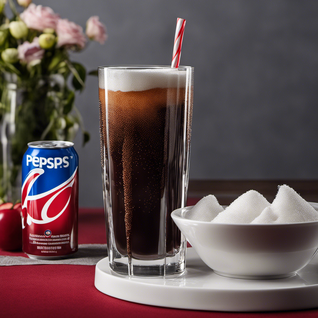 An image that showcases a tall glass filled with 16 teaspoons of sugar, while a can of Pepsi pours its contents into the glass, highlighting the shocking amount of sugar contained in each serving