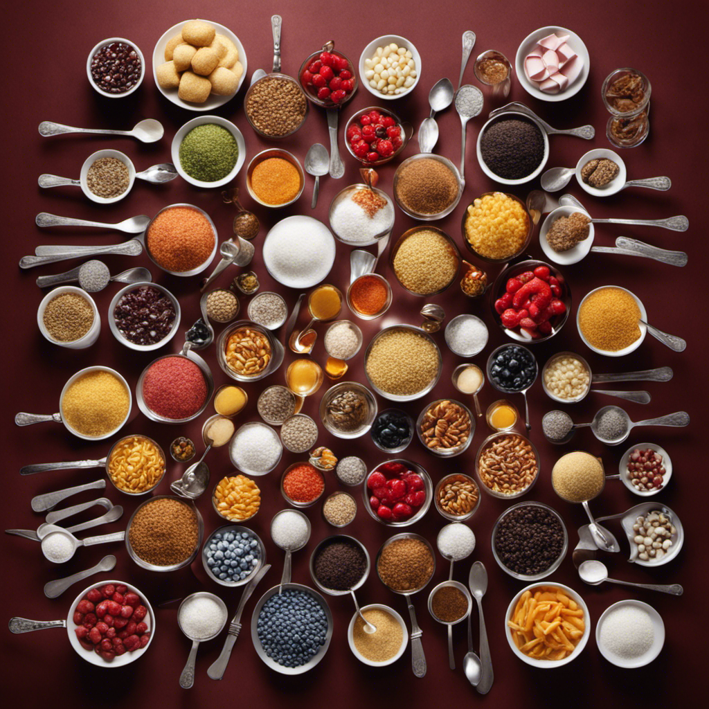 An image depicting a collection of various foods, each accompanied by a stack of teaspoons representing the exact amount of sugar they contain