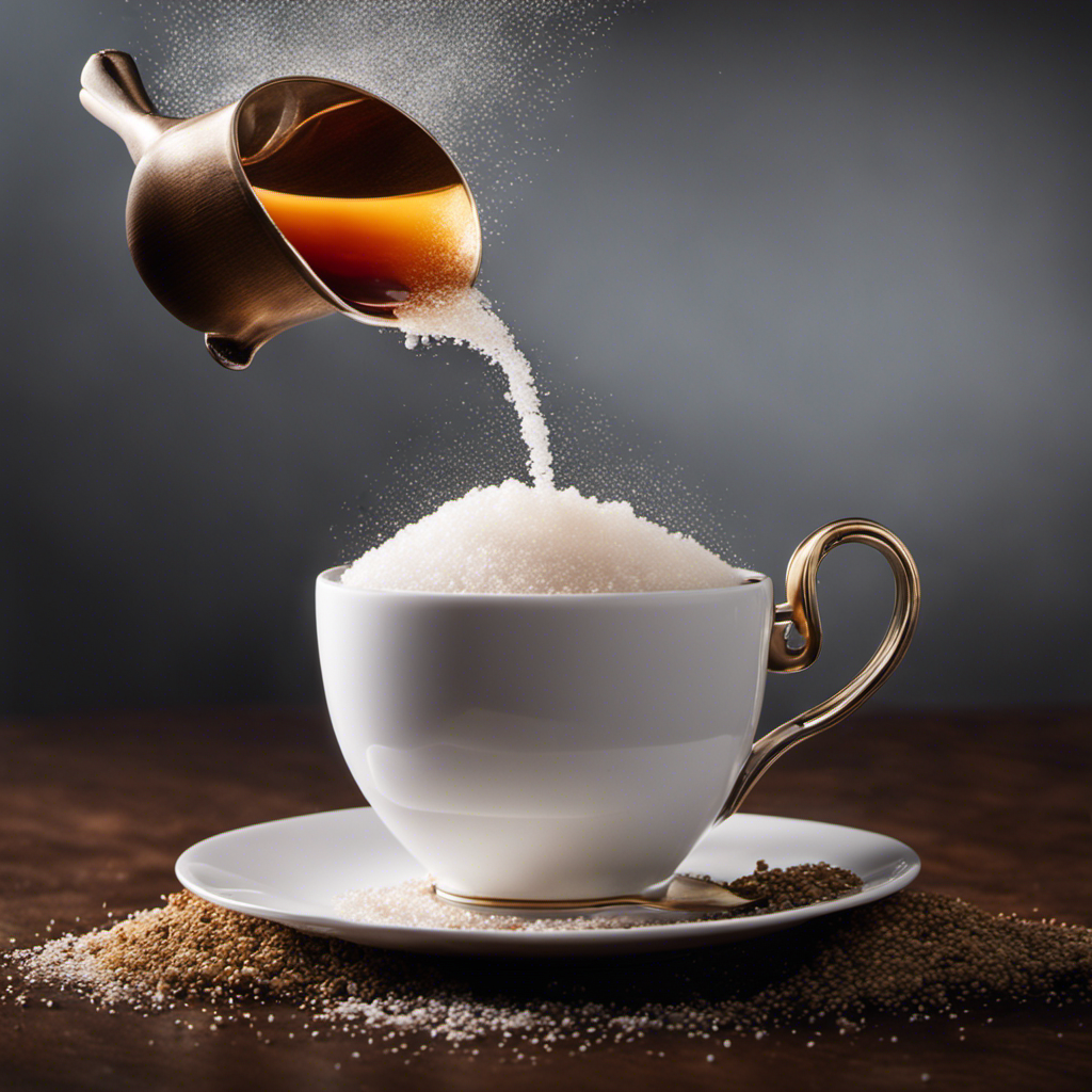 An image of a steaming cup of tea, with a spoon suspended mid-air above it, filled with granulated sugar