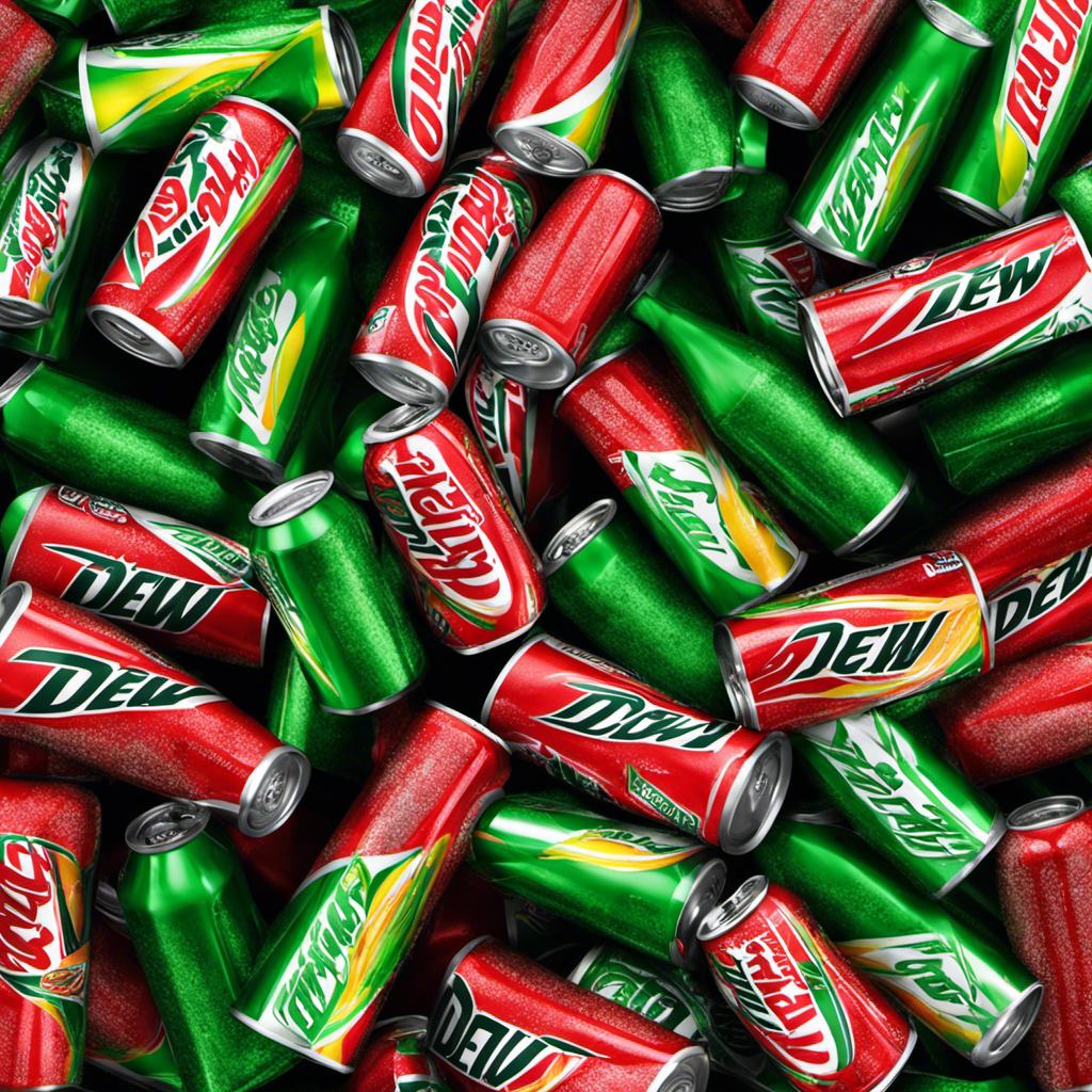 An image showcasing a towering Mountain Dew can overflowing with teaspoons of sugar, each meticulously piled up, illustrating the shocking sugar content of this popular drink