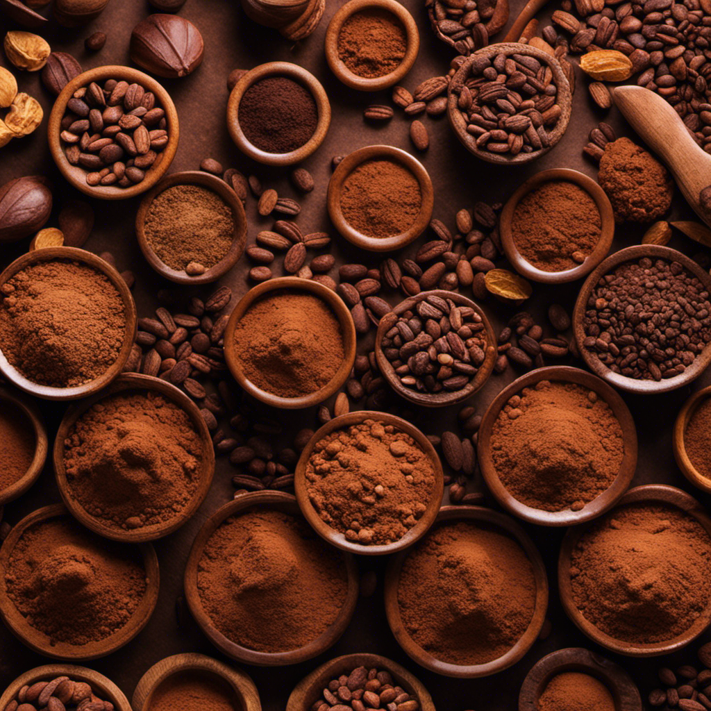 An image showcasing a precise measurement of 100 mg of raw cacao powder, highlighting the vibrant brown hues and fine texture of the powder