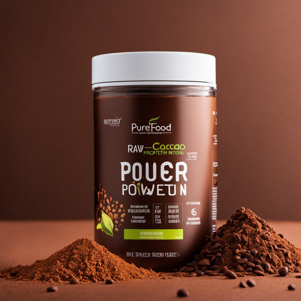 An image showcasing a vibrant, close-up view of Purefood Raw Cacao Protein Powder