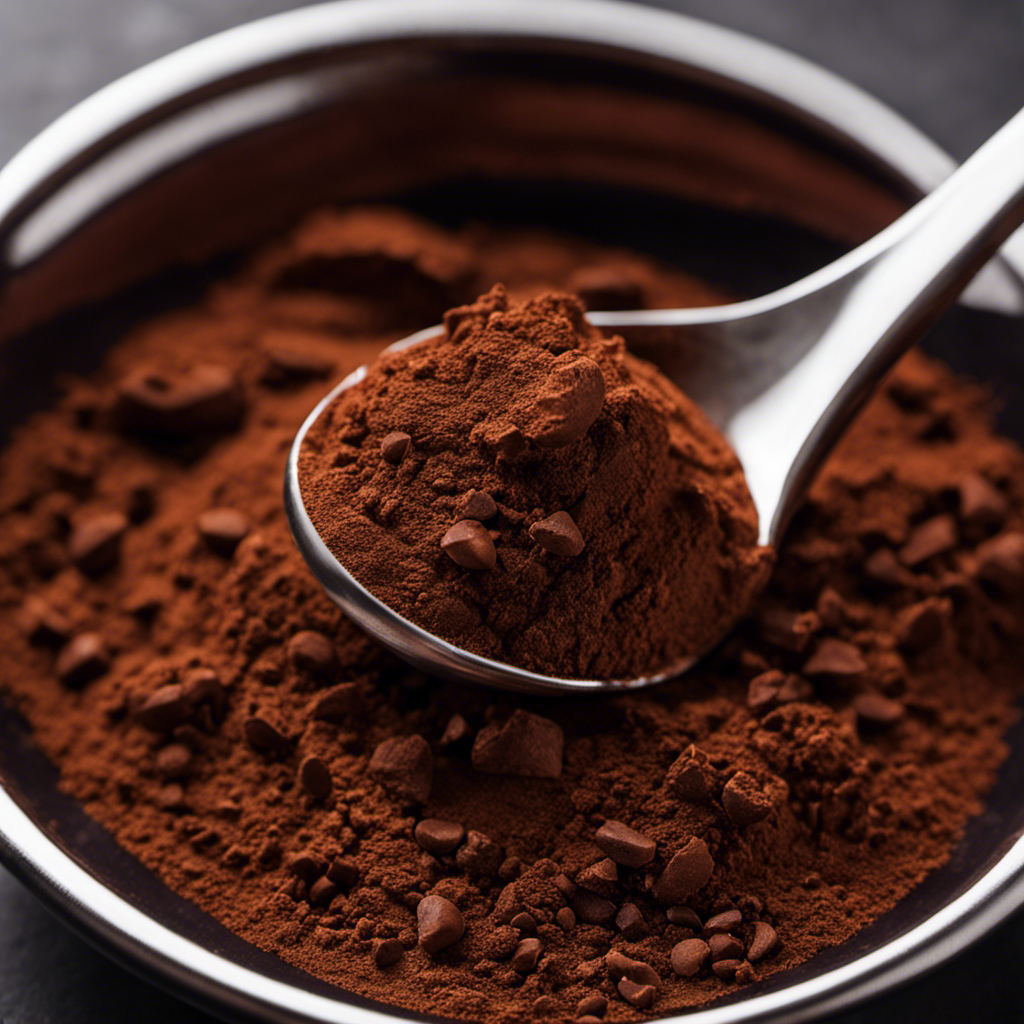 An image depicting a close-up of a spoonful of raw cacao powder, showcasing its rich, dark brown color and fine, powdery texture