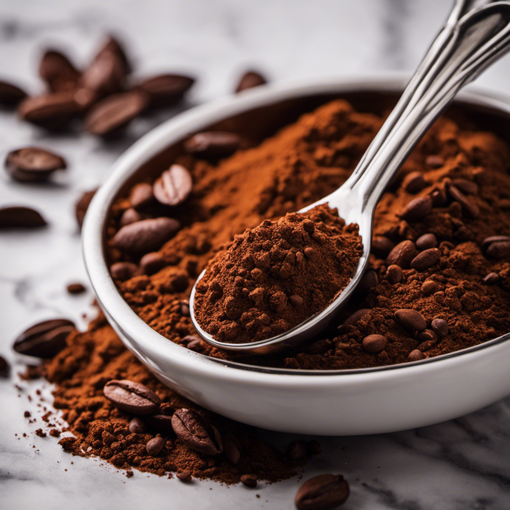 An image capturing a close-up of a measuring spoon filled with fine, dark brown raw cacao powder, delicately balanced on a white marble countertop, with scattered cocoa beans in the background