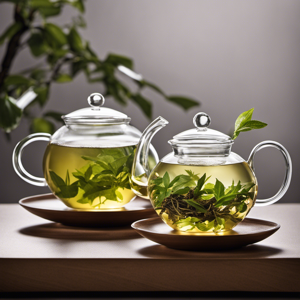 An image showcasing two elegant teapots: one filled with delicate white tea leaves, steeping in hot water for 2-3 minutes, and the other with vibrant herbal tea infusing for 5-7 minutes