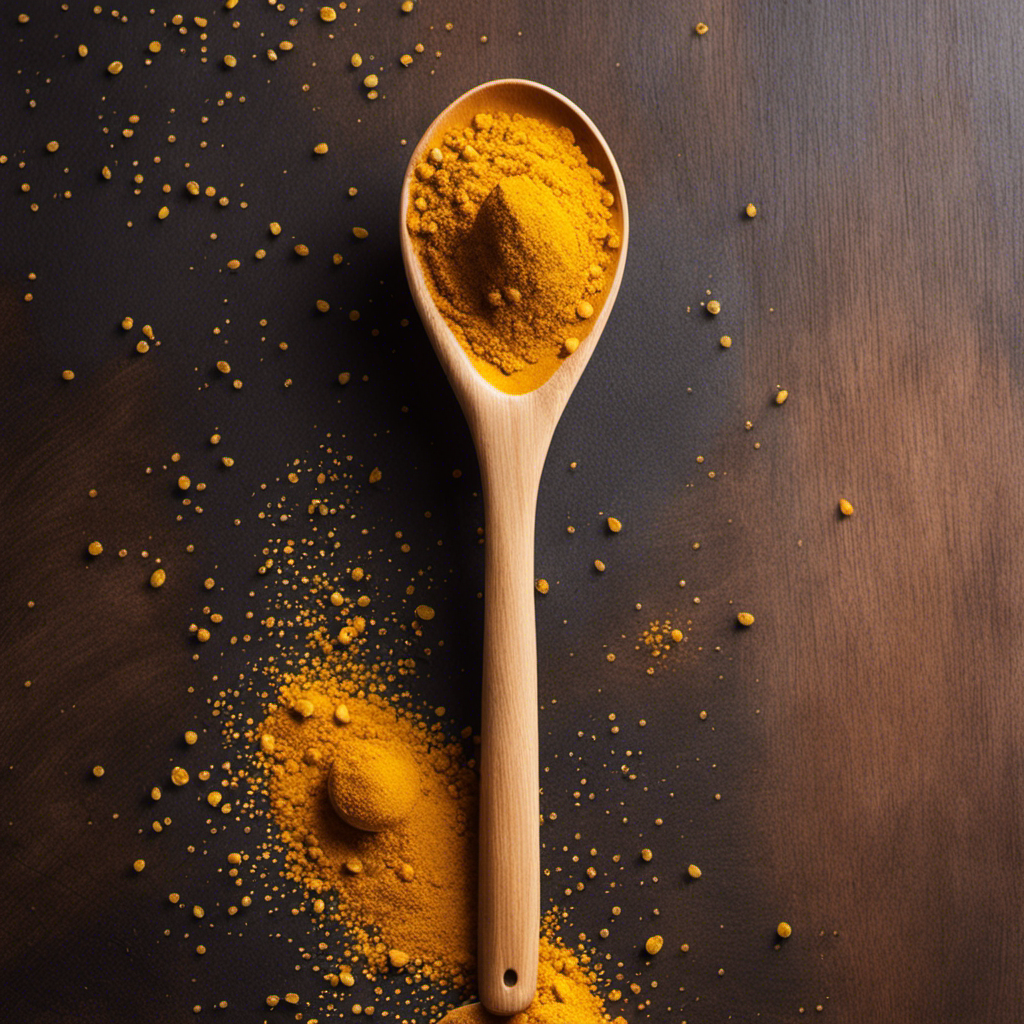An image showcasing a beautiful, rustic wooden spoon delicately holding a perfect teaspoon of vibrant, golden turmeric powder, surrounded by tiny droplets of water glistening in the sunlight