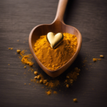 An image depicting a wooden teaspoon, filled with vibrant golden turmeric powder, next to a heart-shaped cholesterol symbol