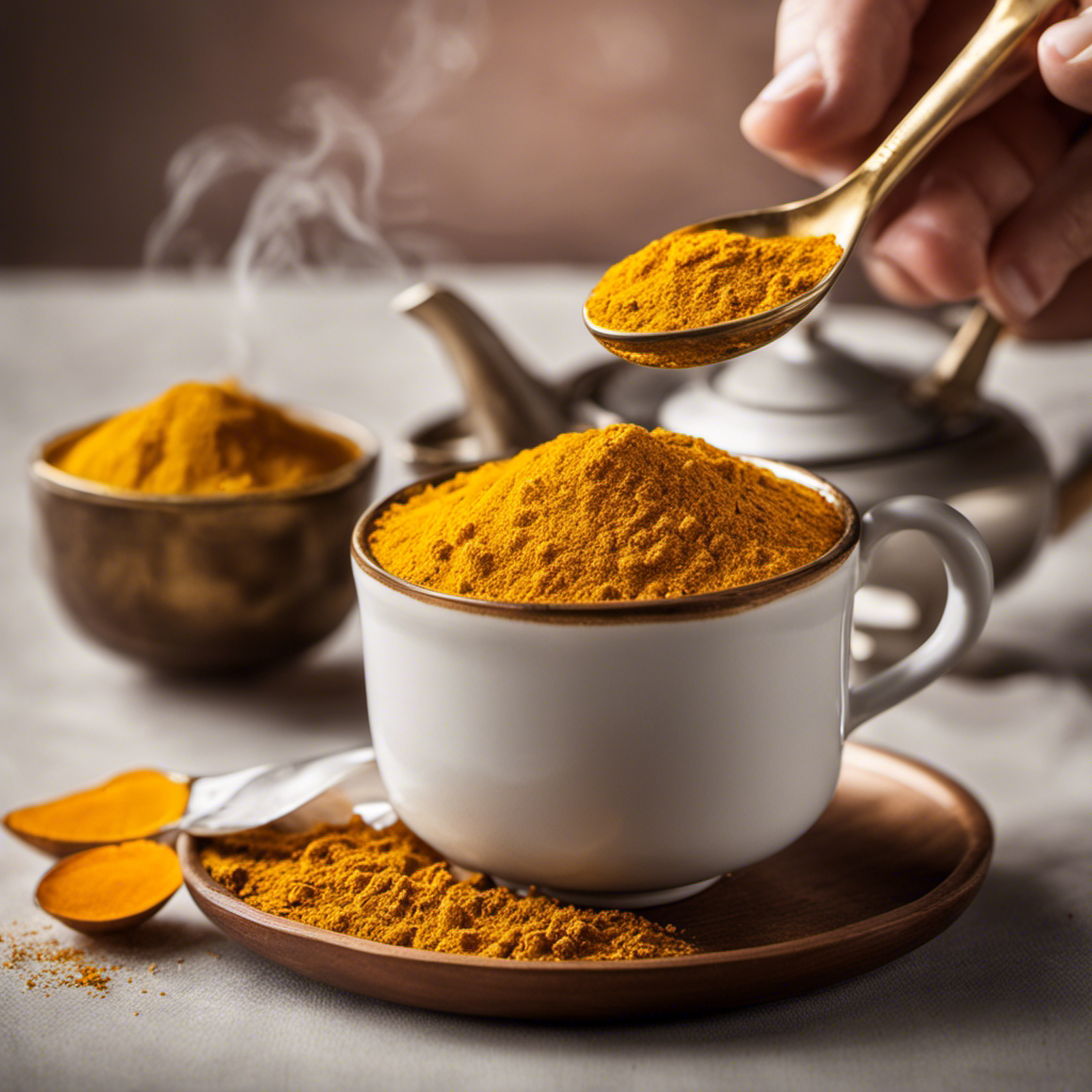 An image that showcases a vibrant teaspoon, half-filled with finely ground turmeric powder, gently sprinkling into a steaming cup of tea