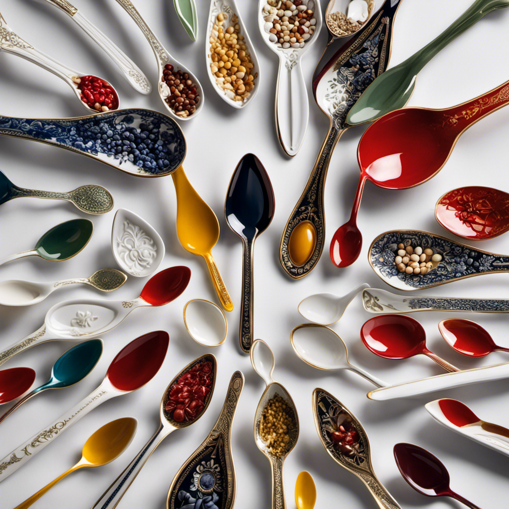 An image depicting a variety of elegant porcelain teaspoons, each holding a different measurement of Tylenol