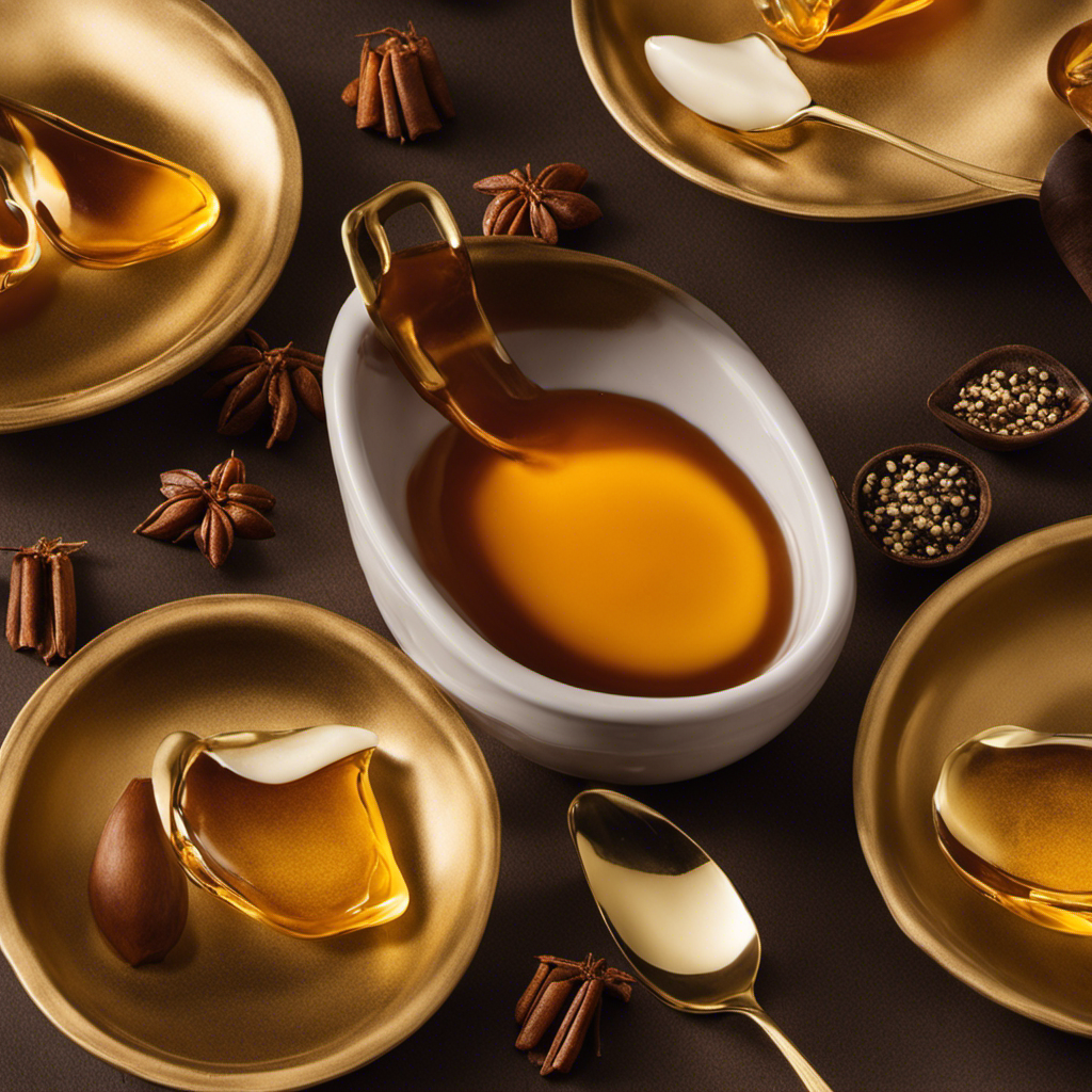 An image showcasing two delicate teaspoons of rich, amber-hued vanilla extract pouring into a small dish
