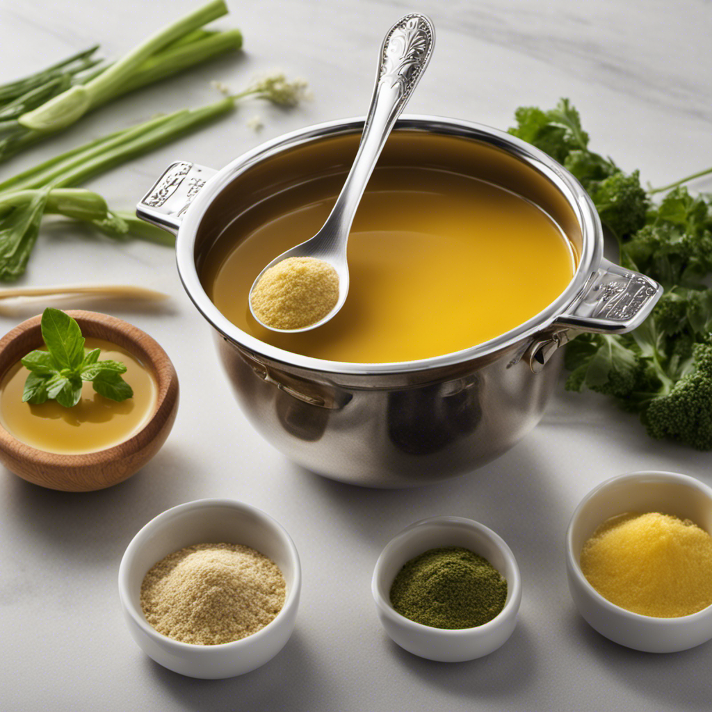 An image showcasing a measuring spoon filled with two teaspoons of fine powdered broth, delicately balanced against a single vegetable bouillon cube, highlighting the equivalent measurement