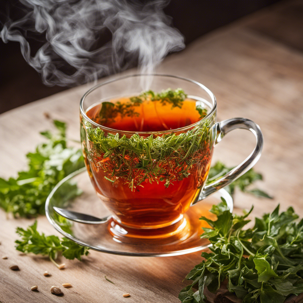 Ze a captivating image of a vibrant, steaming cup of rooibos tea, accompanied by a nutrient-filled kaleidoscope of leafy greens, representing the abundant presence of Vitamin K in this delightful beverage